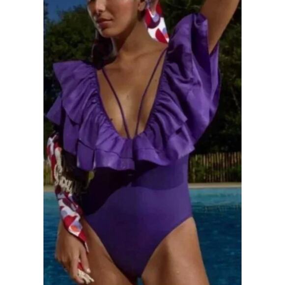 Zara Purple One Piece Swimsuit Bodysuit Top V-Neck Ruffles Cheeky Size Large - Picture 1 of 12